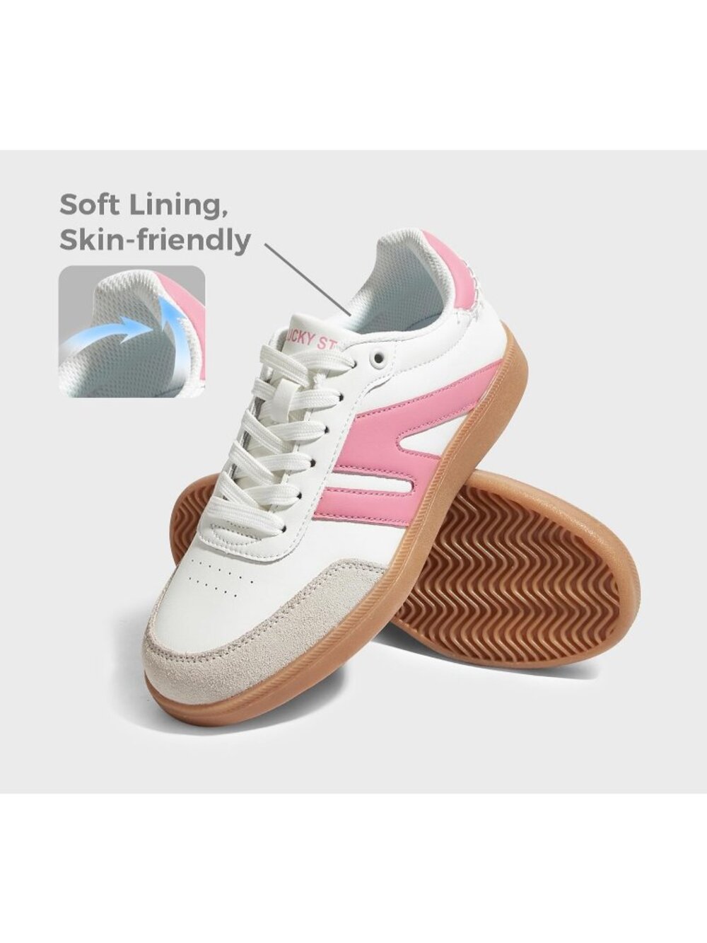 Women's White Pink Leather Lace Up Classic Retro Gum Sole Fashion Sneakers - Picture 6 of 6